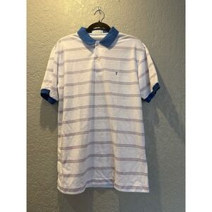 Collezione Mens Large White Striped Short Sleeve Polo Shirt‎ Blue Collar Logo